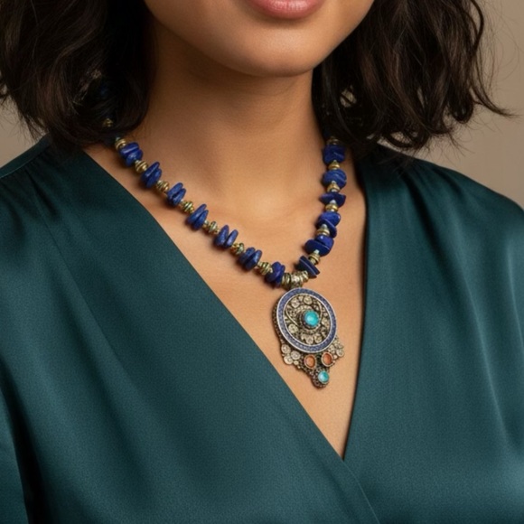 Handmade Jewelry - Handmade Lapis turquoise gold filled medallion necklace